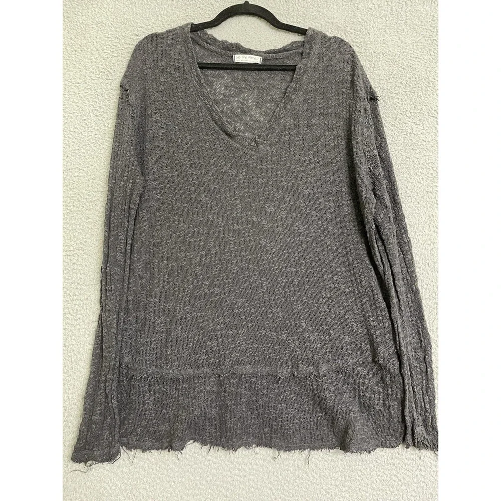 Free People Oversized Ocean Air Hacci Dark Grey Size Small Long Sleeve V Neck - Picture 3 of 9